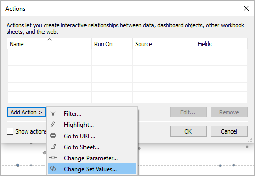 Actions dialog box with Add Action button clicked and Change Set Values action selected to create a set action.