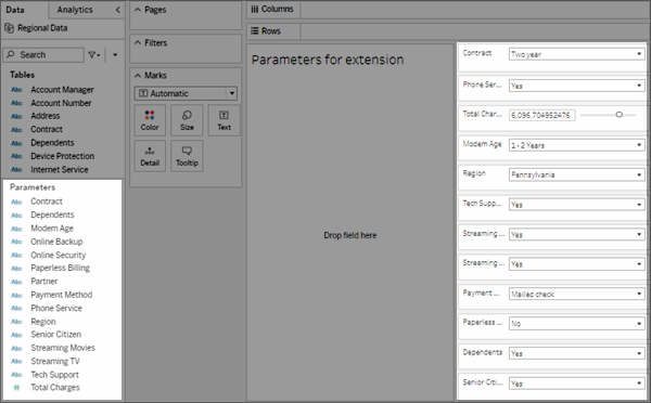 Example showing parameters set up for source data in a worksheet.