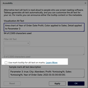 An accessibility dialog box showing options to customize visualization alt text and a checkbox to use mark tooltips for alt text on marks.