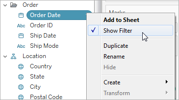 A sub-menu for Order Date with the option to show filter