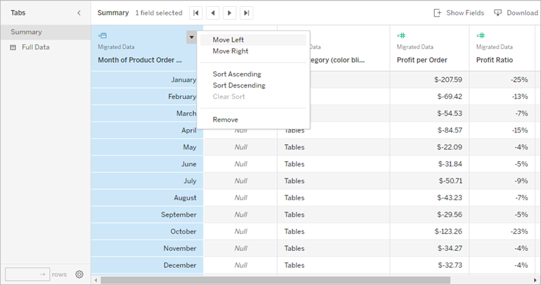 Example table shown in the Summary tab of the View Data window with the context menu displayed