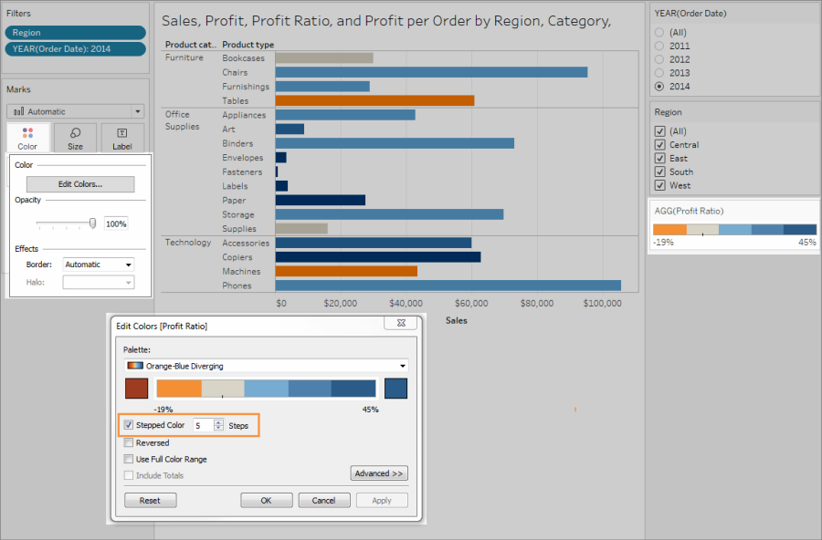 A horizontal bar chart with 17 marks using an orange-blue diverging palette with stepped color set to 5.