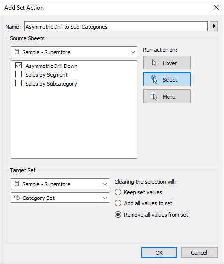 Add Set Action dialog box with settings.