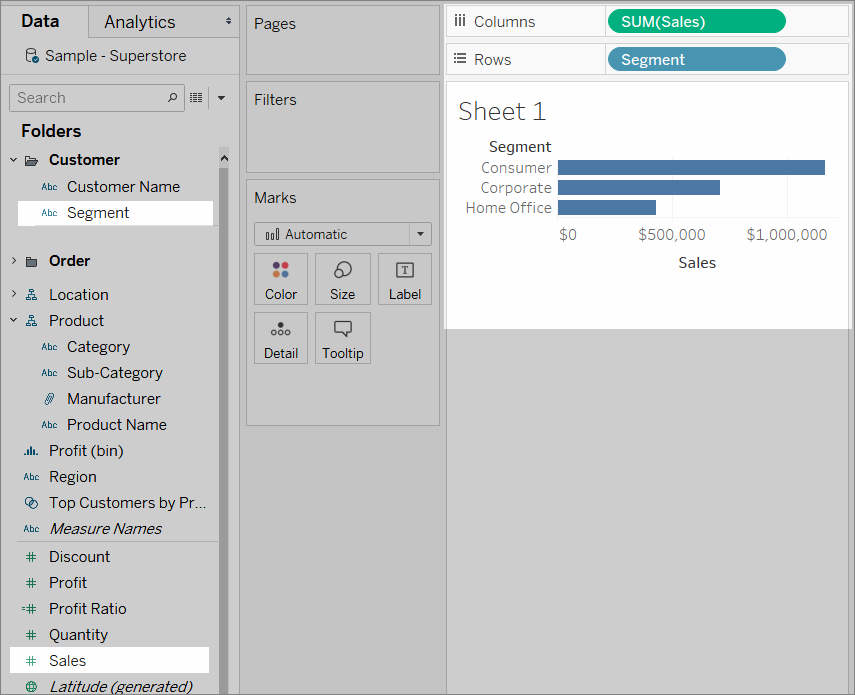 Fields that are used to create a Sales by Segment visualization.