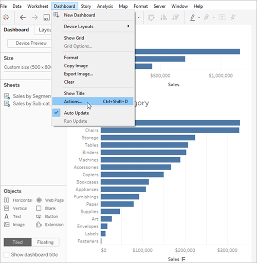 Open the Actions dialog box from the Dashboards menu.