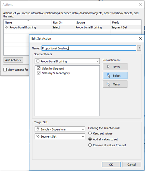 Name set action Proportional Brushing, select the dashboard and both sheets, Run action on Select, set Target Set to Superstore database and Segment set, set clear selection to Add all values to set.