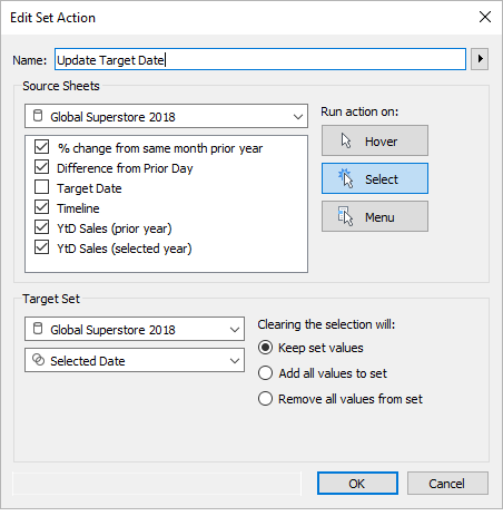 Set action that acts on Selected Date set based on the selected mark.