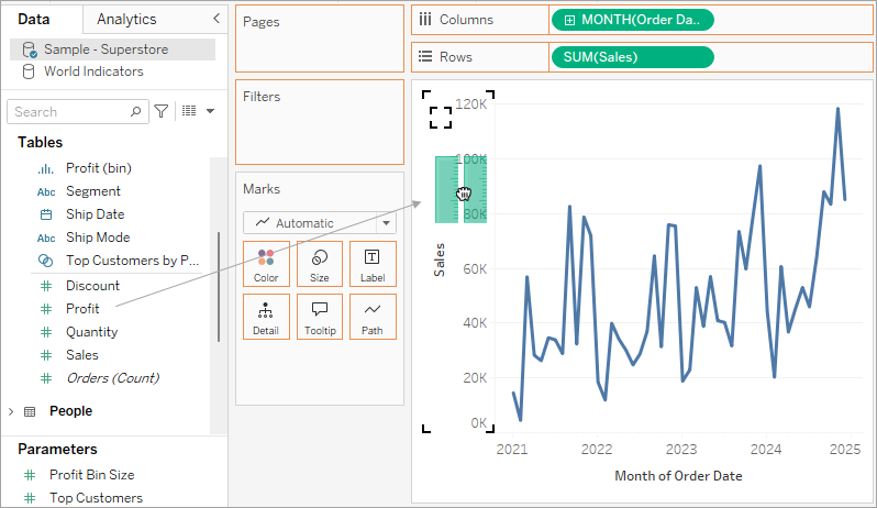 a line chart with an arrow from the Data pane to the vertical axis drop area