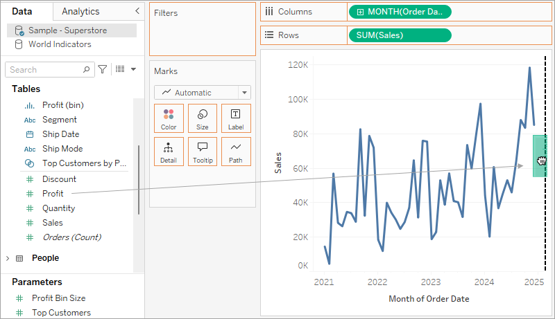 a line chart with an arrow from the Data pane to the right edge of the viz drop area