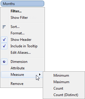 A graphic depicting how to
aggregate a dimension using the options in the field’s context menu.