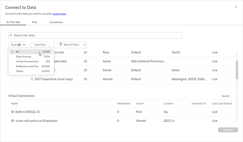 Connect to Data window