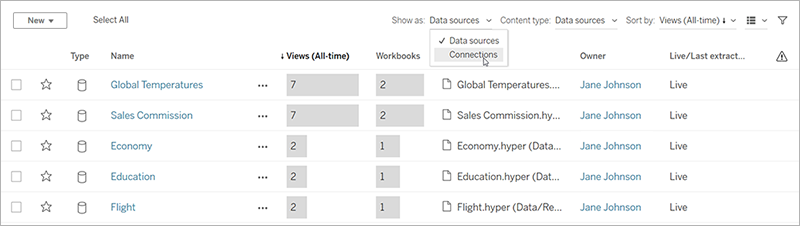 Data source menu options