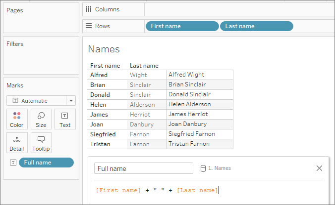 A viz with the fields First name and Last name on rows, and Full name on Text