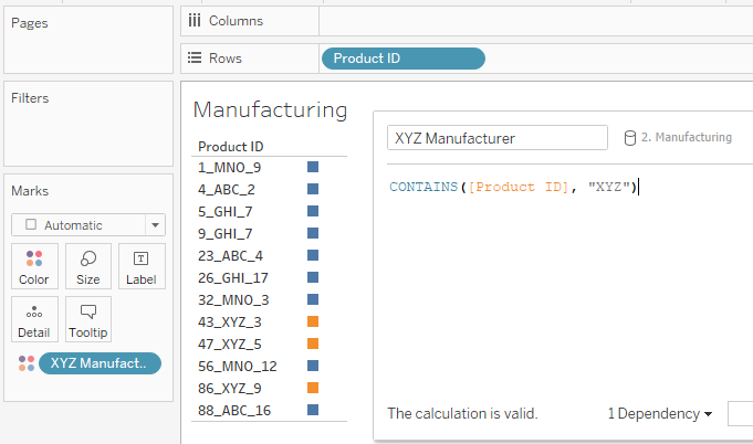 A viz with Product ID on rows and the calculated field XYZ Manufacturing on Color