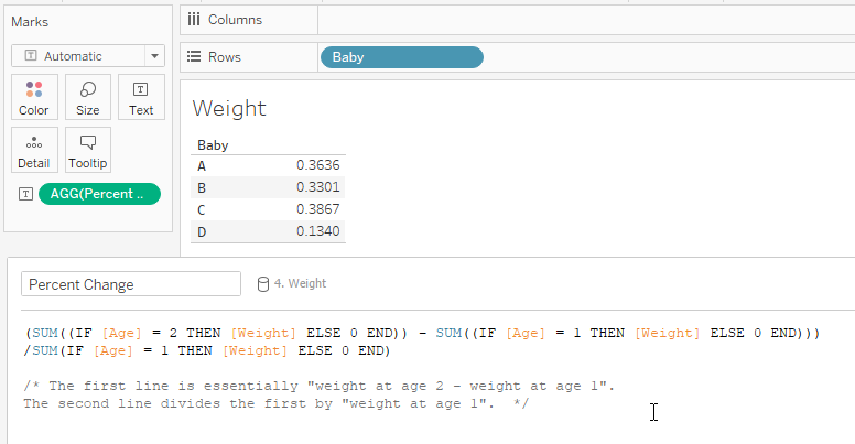 A viz with Baby on Rows and the calculated field on Text