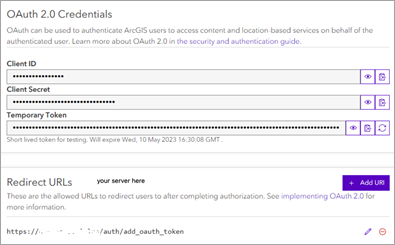 OAuth 2.0 Credentials box with client ID, Client Secret, Temporary Token, and redirect URLs fields