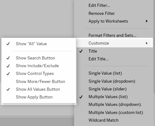 Edit Filter menu and options under Customize