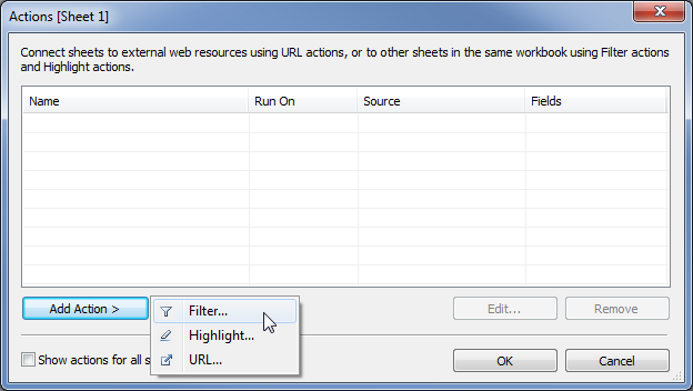 Tableau Action Filter - Selecting Action