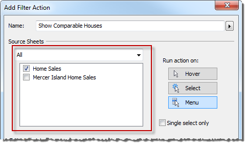 Tableau Action Filter - Selecting Data Source