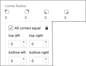 The Corner Radius dropdown menu with options to edit values for top left, top right, bottom left, bottom right, or keep all corners equal.