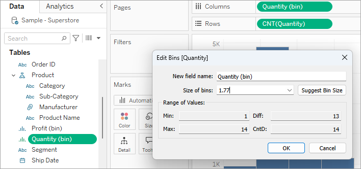 The Edit Bins dialog showing the bin size