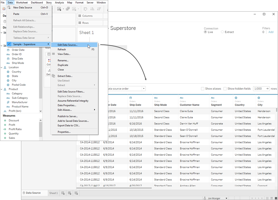 Edit Data Sources - Tableau