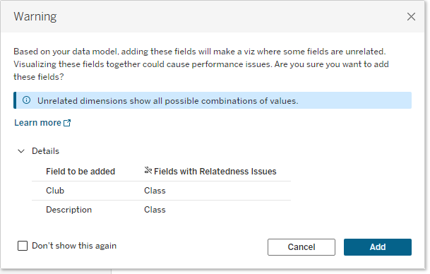 the relatedness warning dialog with a message for both unrelated dimensions and measures, and with the Details area expanded