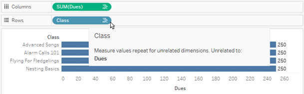 a simple viz with two unrelated fields, one on rows and one on columns, and an unrelated tooltip showing