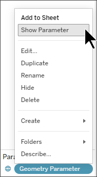 Parameter context menu with option to Show Parameter highlighted.