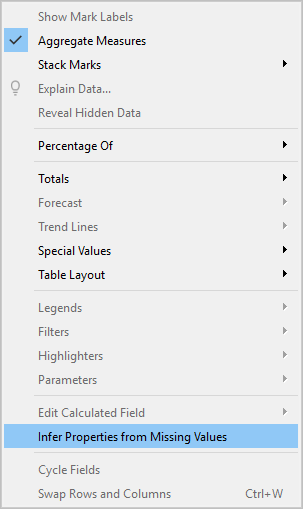 Analysis menu with Infer Properties from Missing Values selected