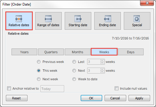 Create Relative Date Filters Tableau