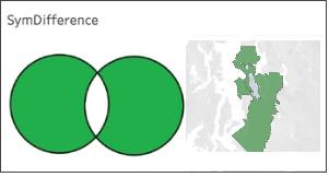 Venn Diagram with middle portion discarded next to a map of two sets of spatial data with overlapping area discardedd.