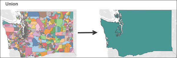 A map of Washington state with all cities indicated by their own polygon next to an outline of Washington state after the union spatial operator was used in a calculated field.