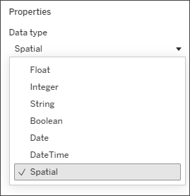 Data type dropdown in dialog to create a parameter with Spatial type highlighted.