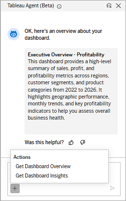 Tableau Agent pane showing the Actions menu.