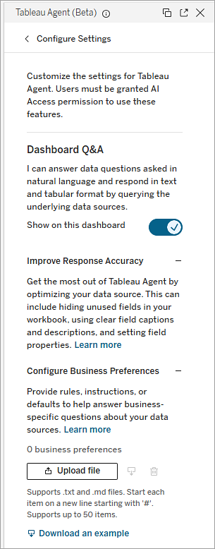 Tableau Agent Configure Settings pane showing the Dasboard Q&A configuration options for Business Preferences.