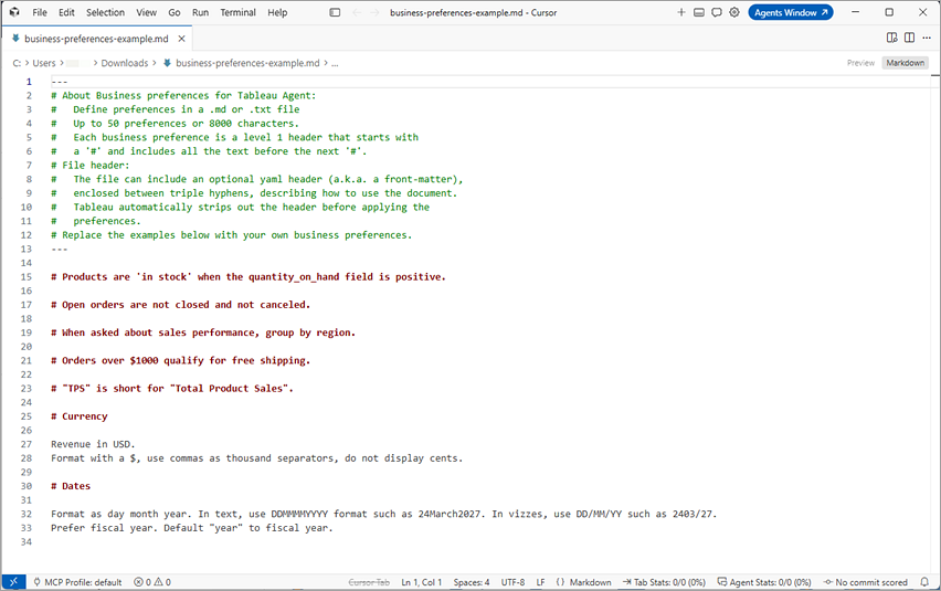 Markdown file example showing sample business preferences used by Tableau Agent in Dashboard Q&A.