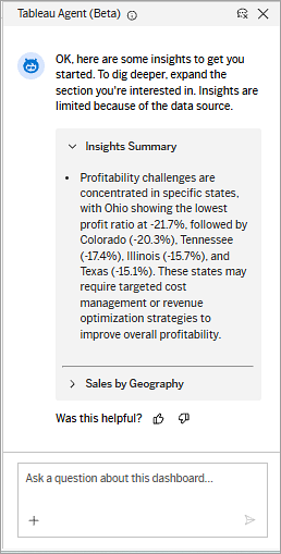 Tableau Agent showing a clickable thumbs up and a thumbs down icon to enale you to give feedback on the agent's response.