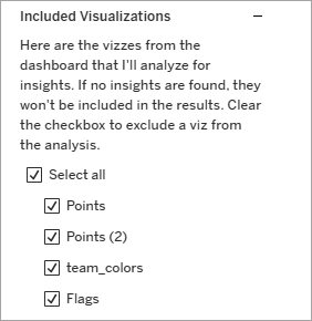 Tableau Agent Dashboard Agent confgurations pane showing the included visulations section.