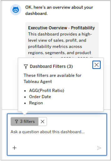 Tableau Agent pane showing the filter chip in the text box.