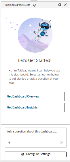 Tableau Agent pane showing the welcome message and two buttons to Get Dashboard Overivew and Get Dashboard Insights.