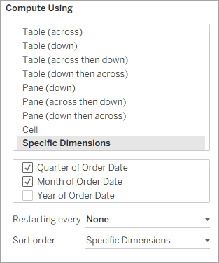 the Compute Using section of a table calc window with specific dimensions selected