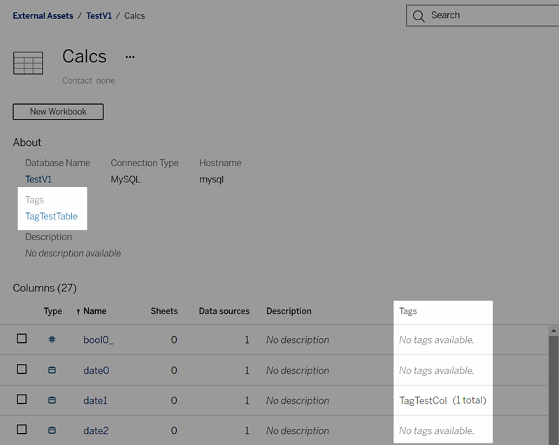 Tags for external assets