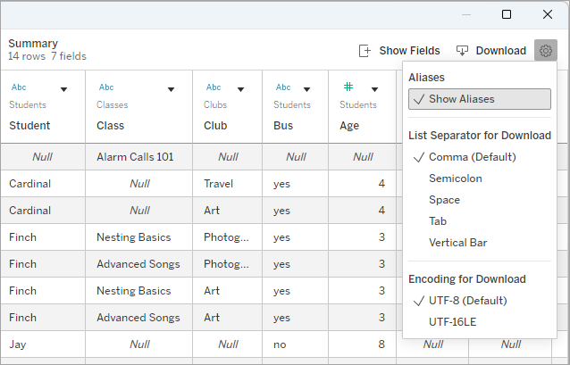the download settings menu with sections for aliases, list separators, and encoding