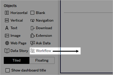 Objects section of Dashboard pane with a spotlight on the Workflow object and a right-facing arrow indicating dragging the object to the dashboard 
