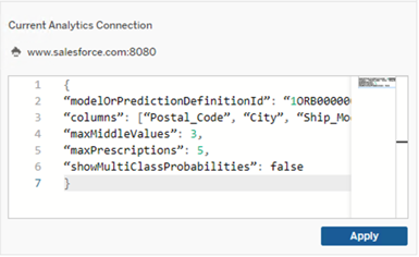 Ejemplo de script para el modelo de predicción de Einstein Discovery agregado a una extensión de tabla de Tableau que muestra el uso de parámetros opcionales