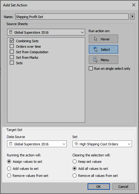 Cuadro de diálogo Agregar o Editar acción de conjunto que muestra diferentes configuraciones para acciones de conjunto.