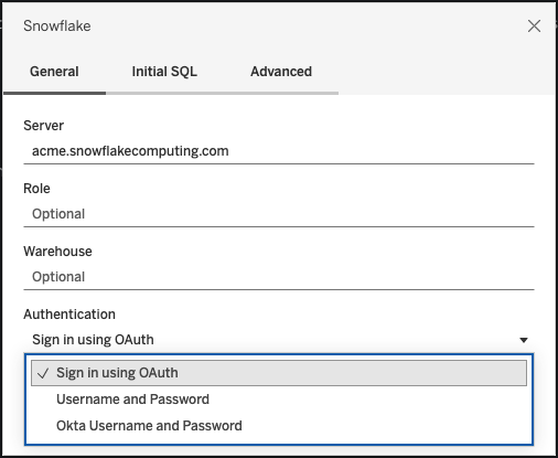 Una pantalla de inicio de sesión de Snowflake que solicita detalles del servidor.