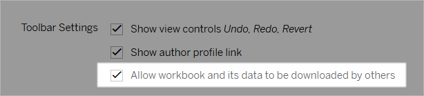 Casilla de verificación para la configuración de la barra de herramientas "Permitir que otros descarguen el libro de trabajo y sus datos".