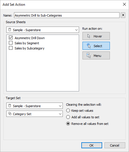 Cuadro de diálogo de Agregar acción de conjunto con configuraciones.